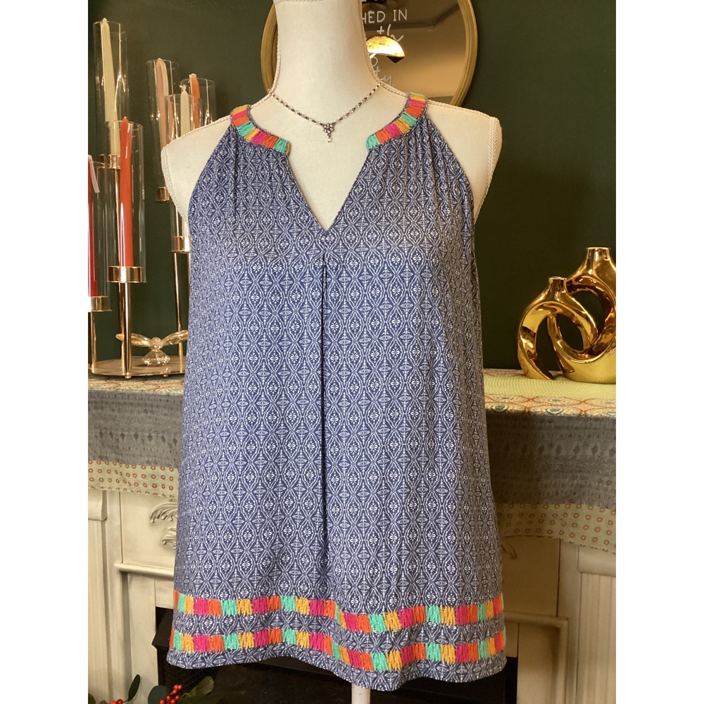 THML Blue Patterned Halter Tank with Multicolor Trim